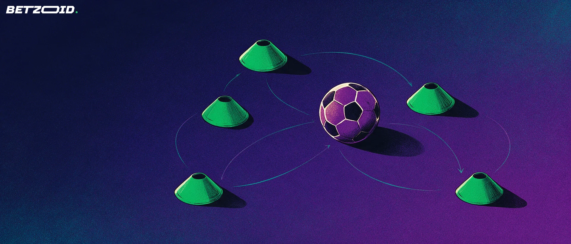 Training cones and a football show passing routes.
