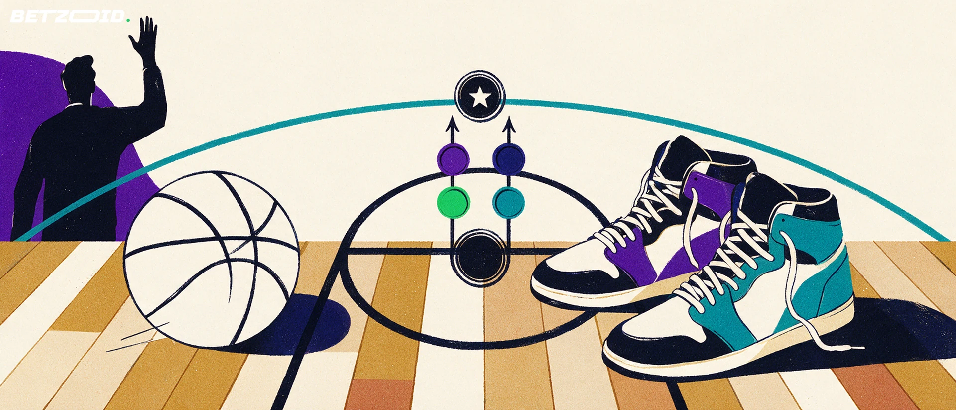 Basketball und schlichte Basketballschuhe auf einem Hallenboden.