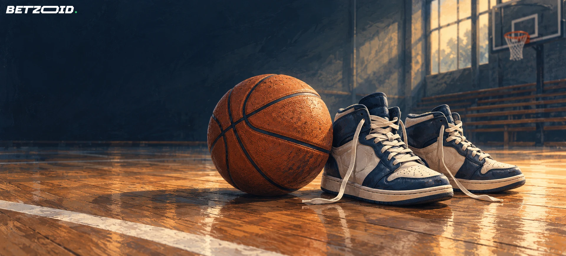 Basketball und schlichte Basketballschuhe auf einem Hallenboden.