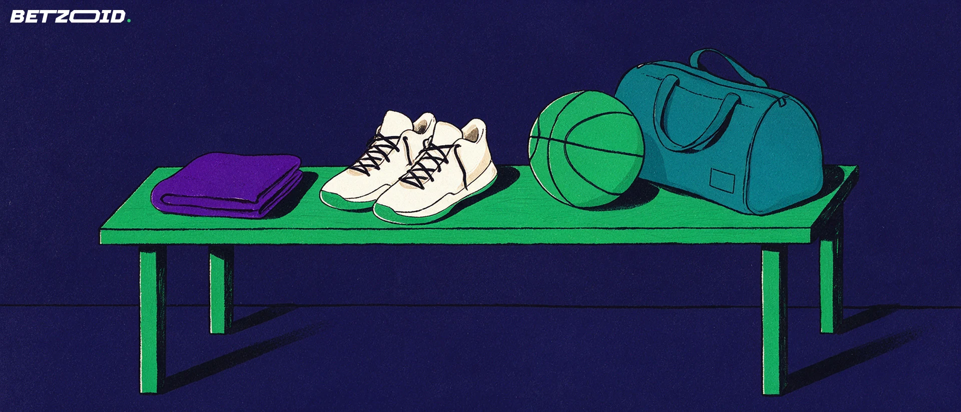 Basketball shoes, a towel and a ball on a changing-room bench.