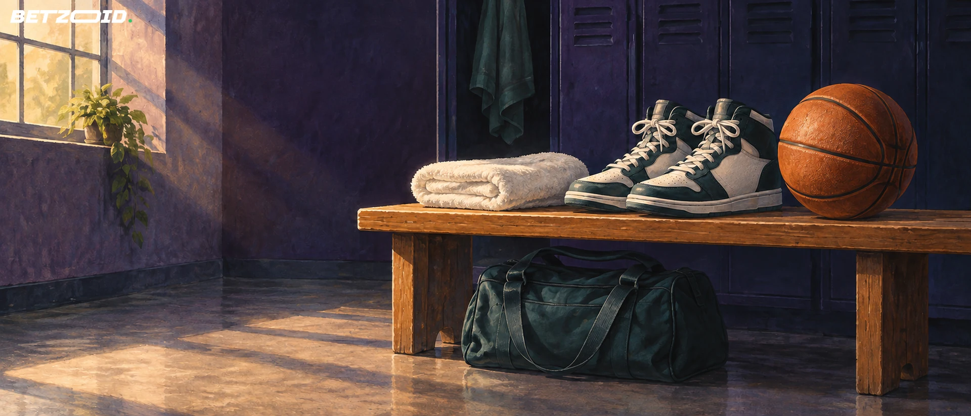 Basketball shoes, a towel and a ball on a changing-room bench.
