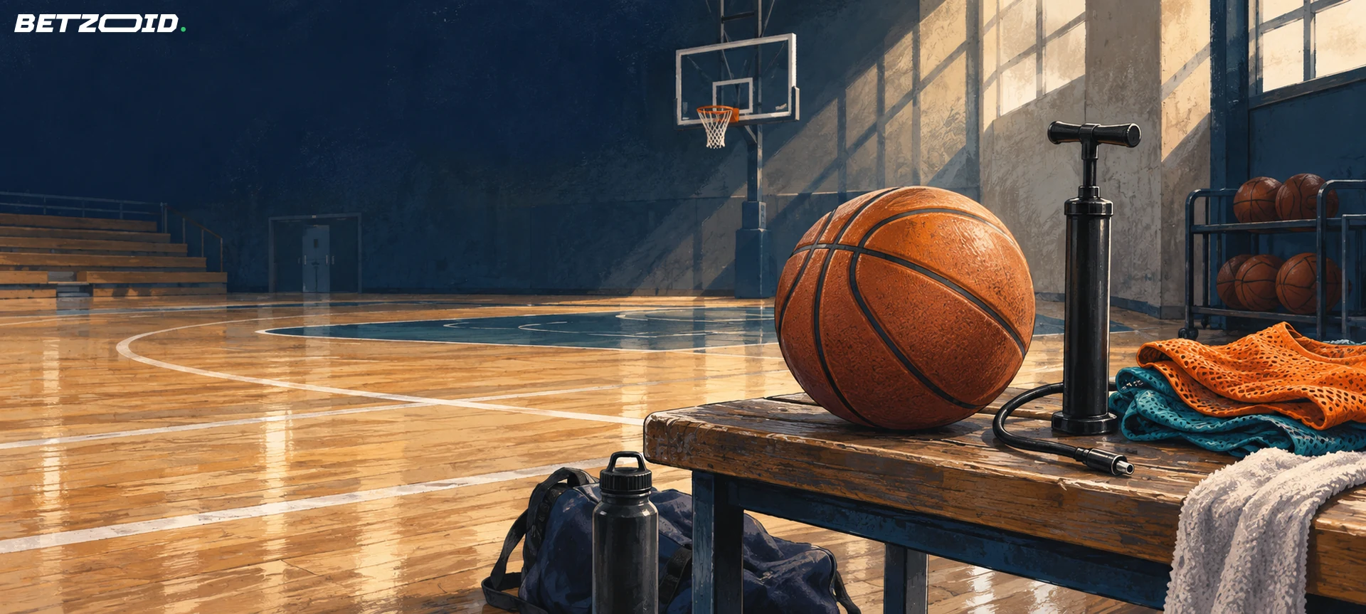 Ballon de basket, pompe manuelle et chasubles sur un banc d’entraînement.