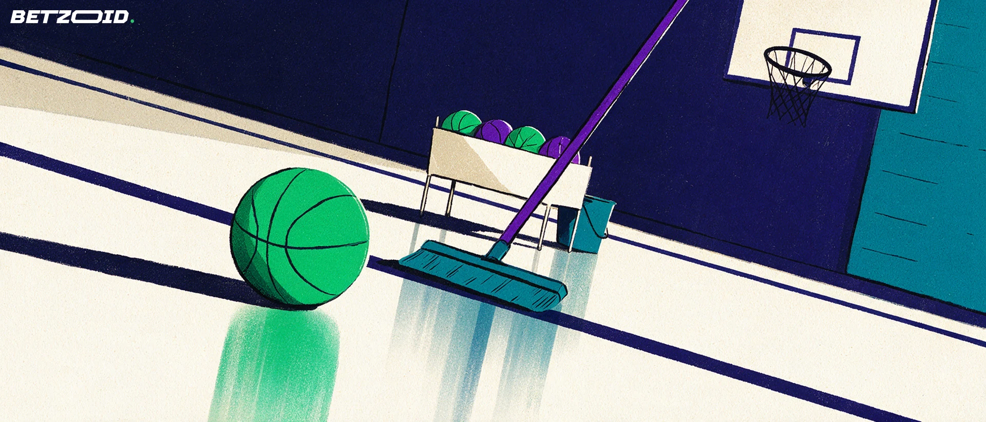 Bola de basquete ao lado de um rodo de limpeza no limite da quadra.