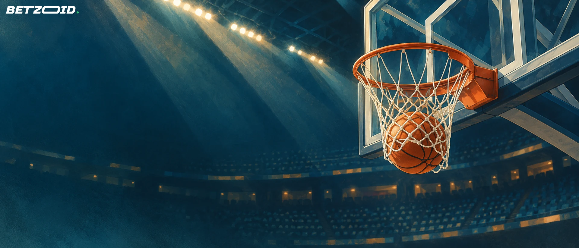 Basketball passing through the hoop under arena lights.