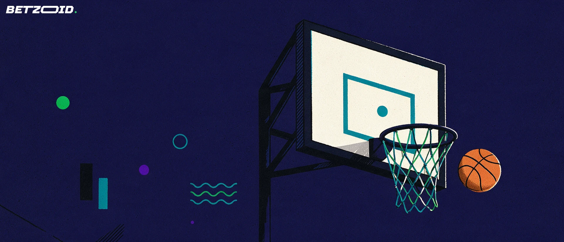 Illustration of a basketball beside a hoop, net and backboard.