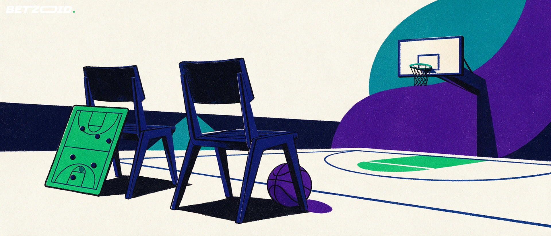 Zwei Stühle am Spielfeldrand mit Taktiktafel und Basketball.