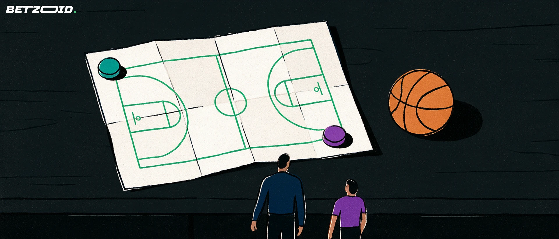 Plano sencillo de una cancha de básquetbol junto a imanes y una pelota.