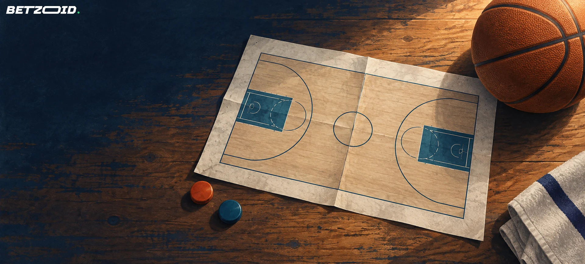Plano sencillo de una cancha de básquetbol junto a imanes y una pelota.