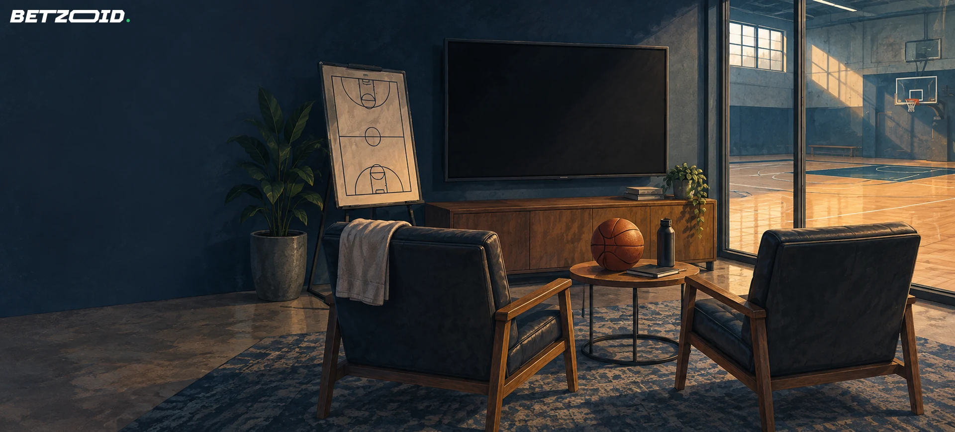 Besprechungsraum mit dunklem Bildschirm, Basketball und einfacher Spielfeldskizze.