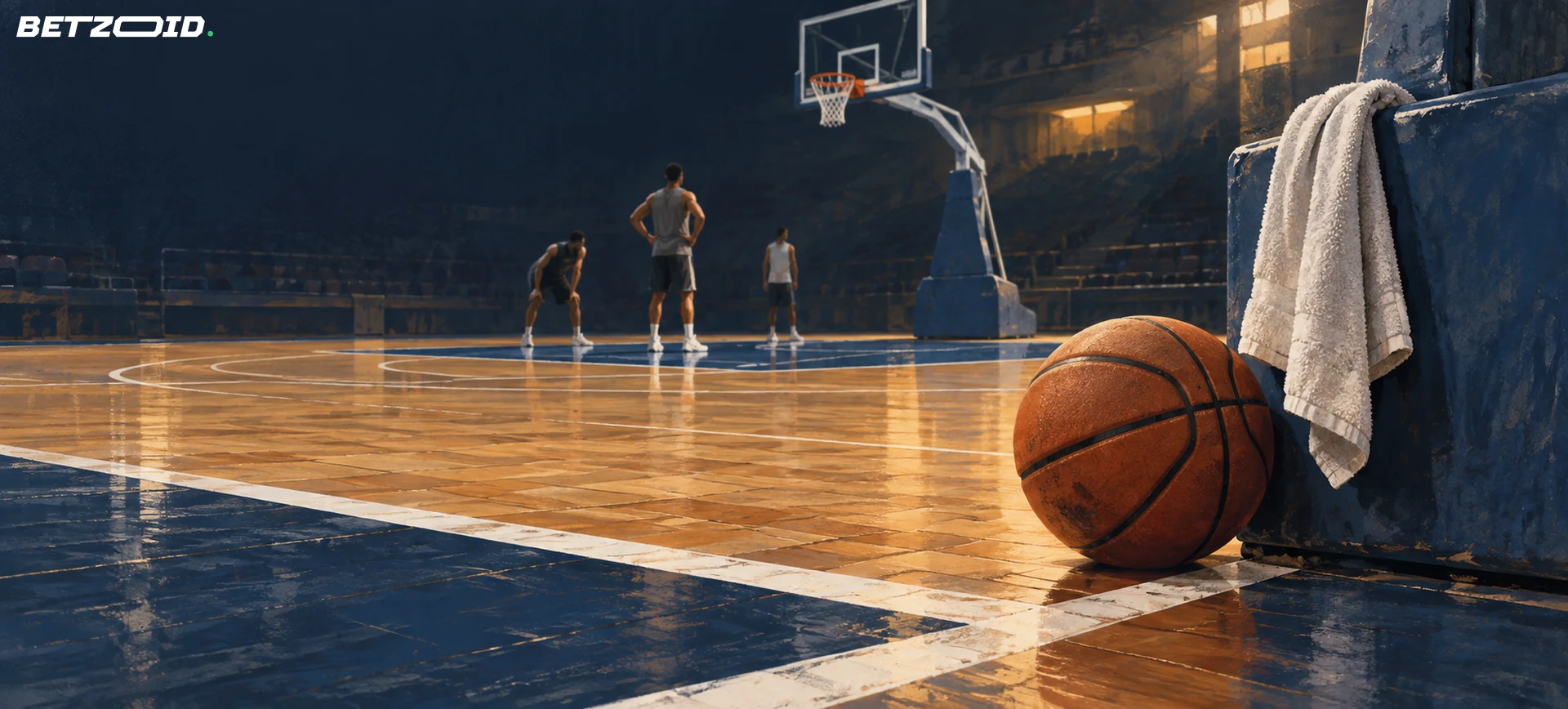Basketball ved banens linjer og et håndklæde på kurvens polstring.