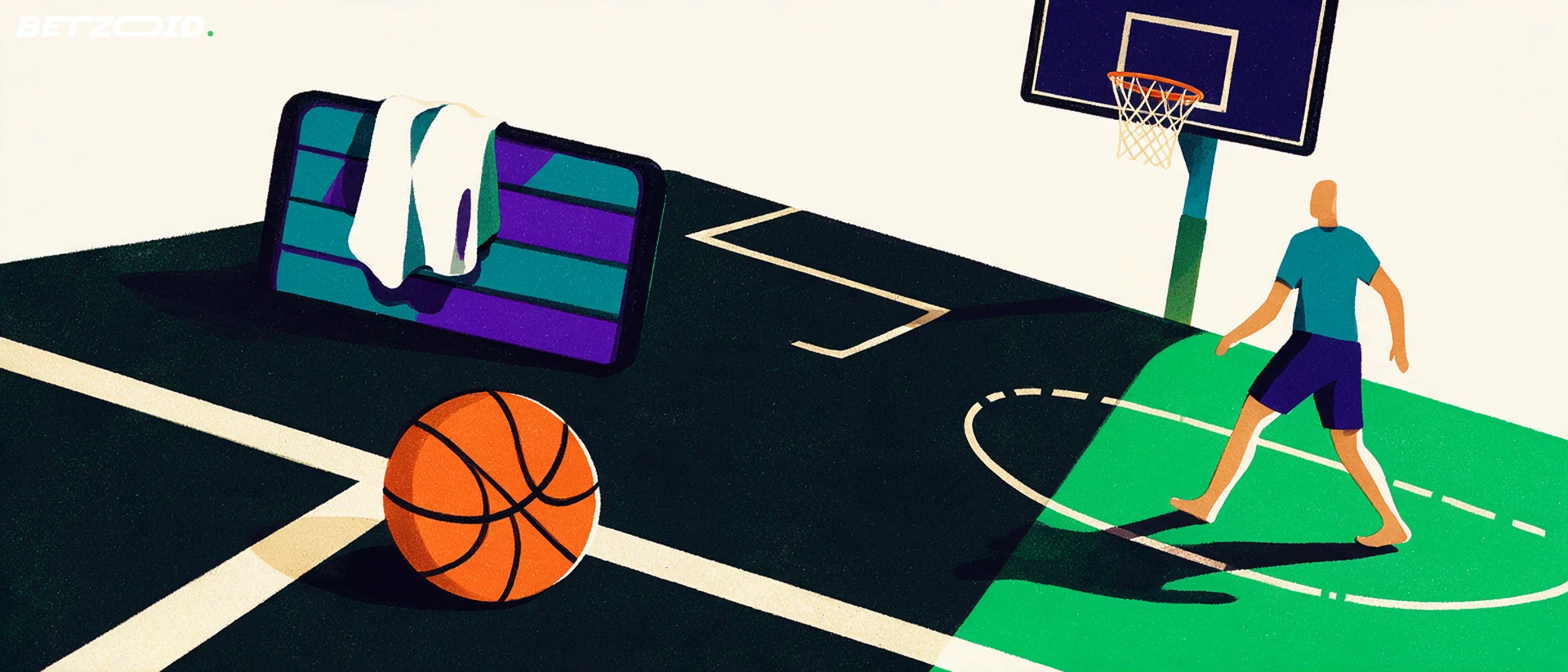 Basketball ved banens linjer og et håndklæde på kurvens polstring.