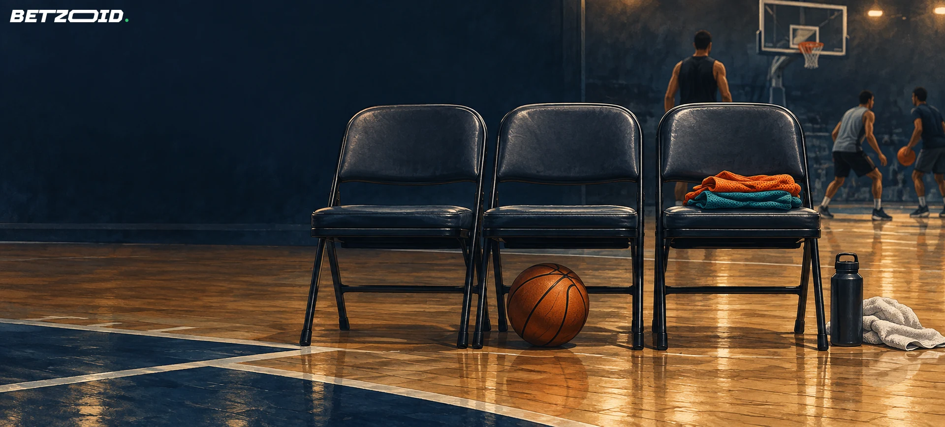 Banquillo de baloncesto con un balón y petos de entrenamiento.