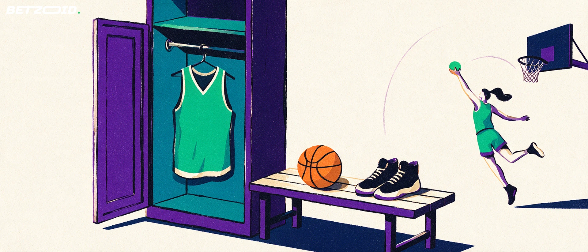 Maillot de basket sans numéro, ballon et chaussures dans un vestiaire.