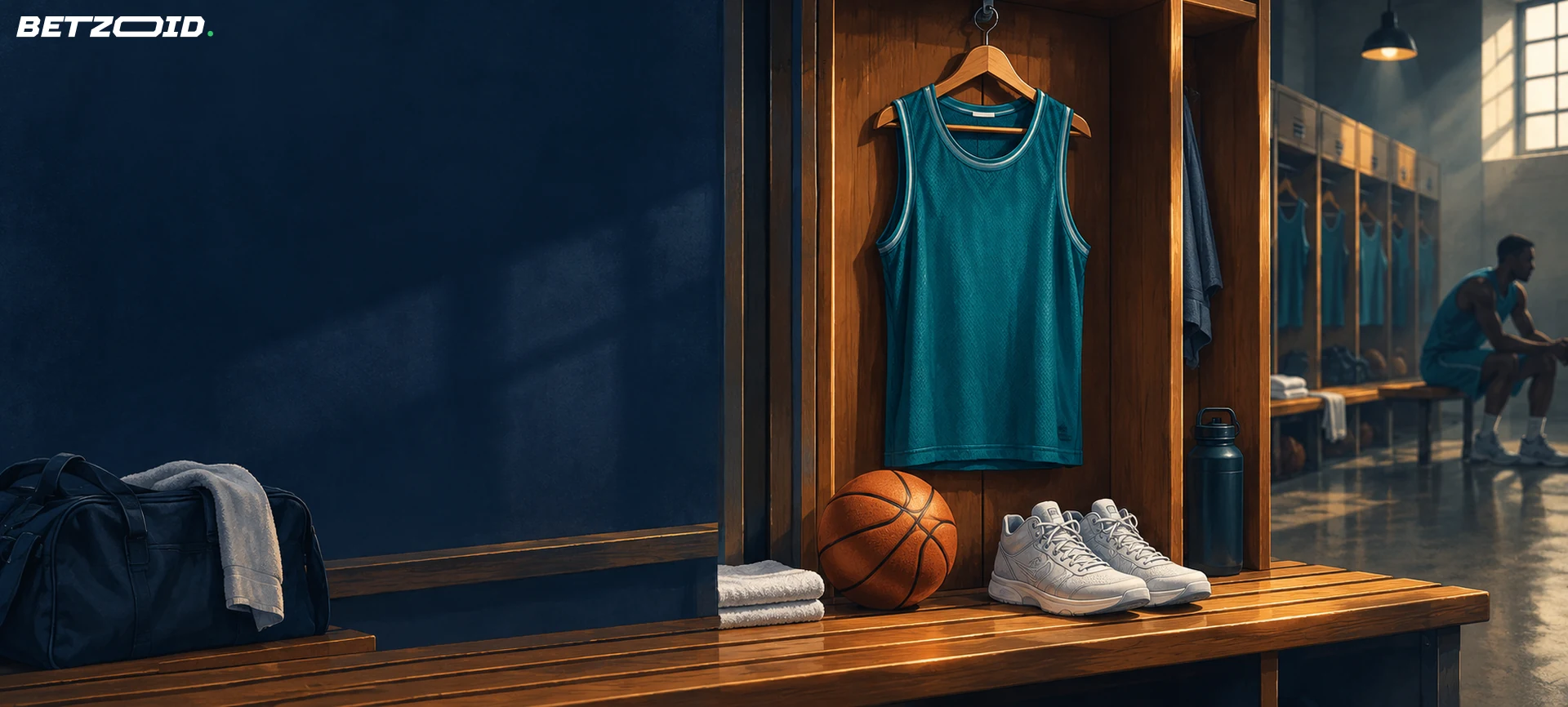 Maillot de basket sans numéro, ballon et chaussures dans un vestiaire.