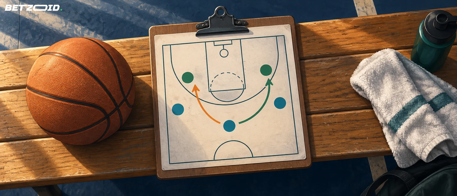 Basketball and a coaching board showing court positions.