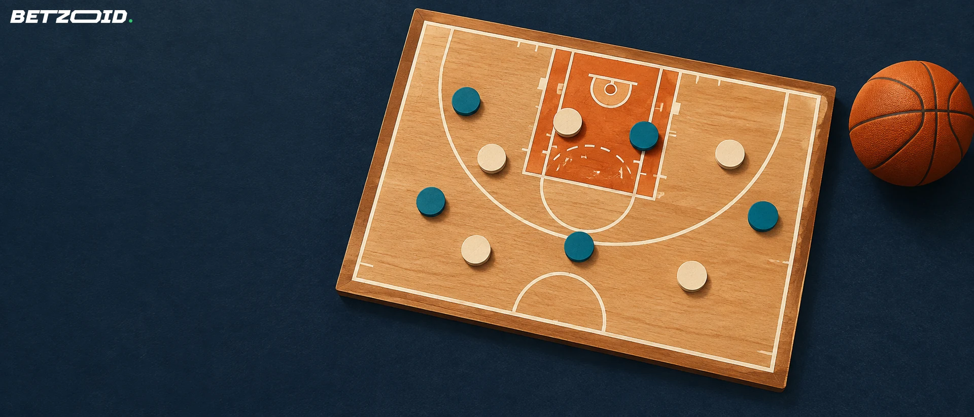 A basketball court model with coloured player counters.