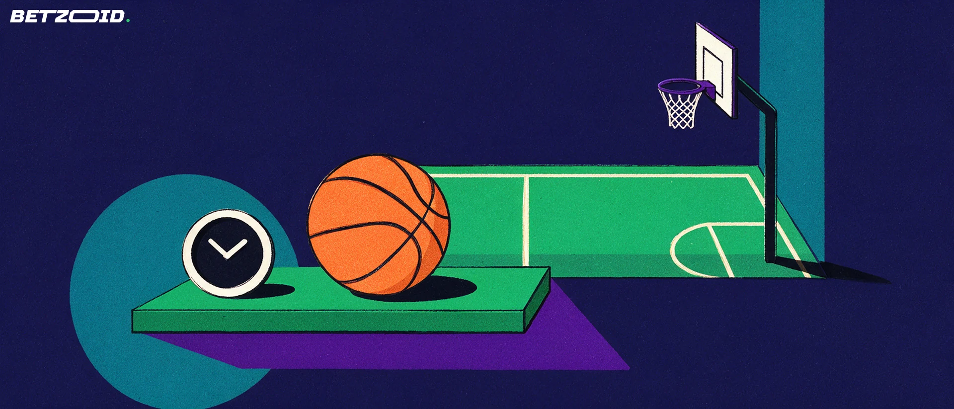 Basketball beside an unnumbered clock at the edge of a court.