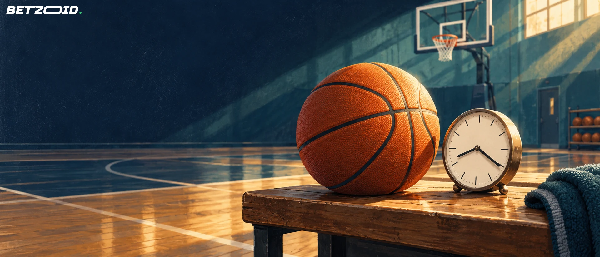 Basketball beside an unnumbered clock at the edge of a court.