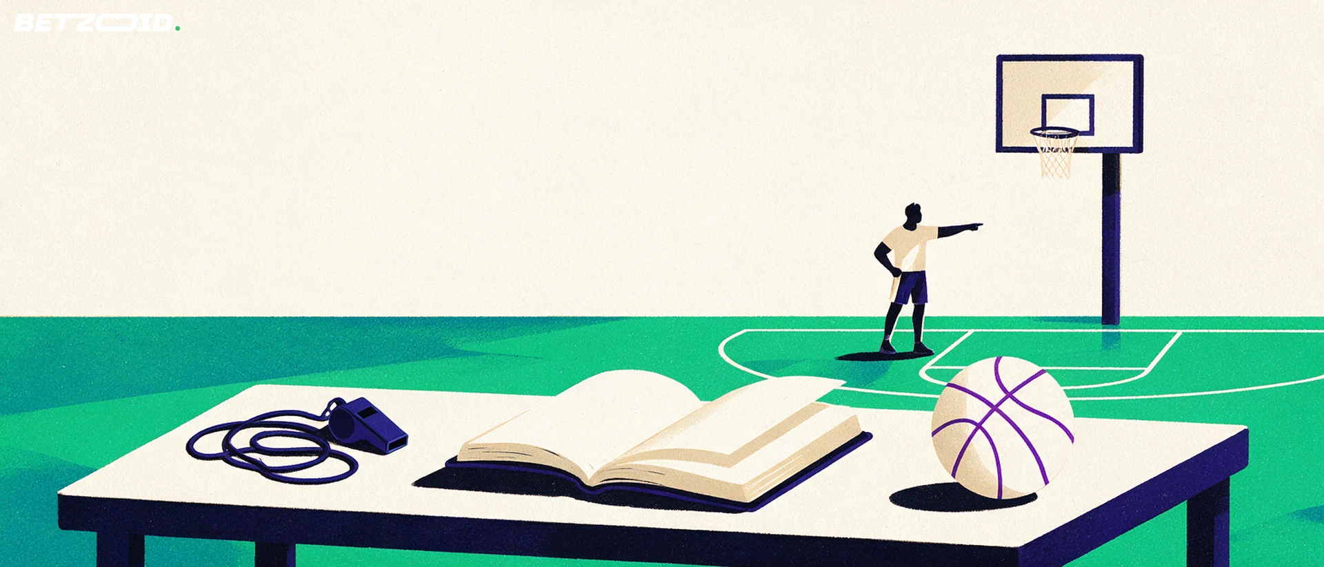 Quaderno, fischietto e pallone da basket su un tavolo a bordo campo.