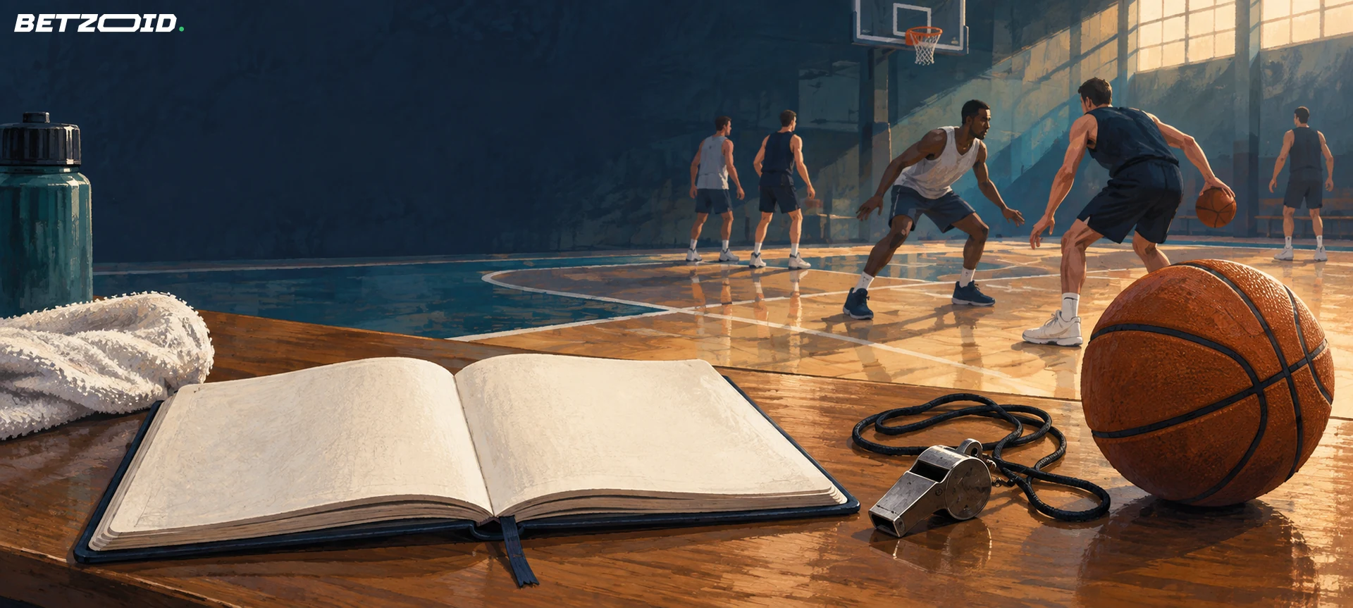 Quaderno, fischietto e pallone da basket su un tavolo a bordo campo.