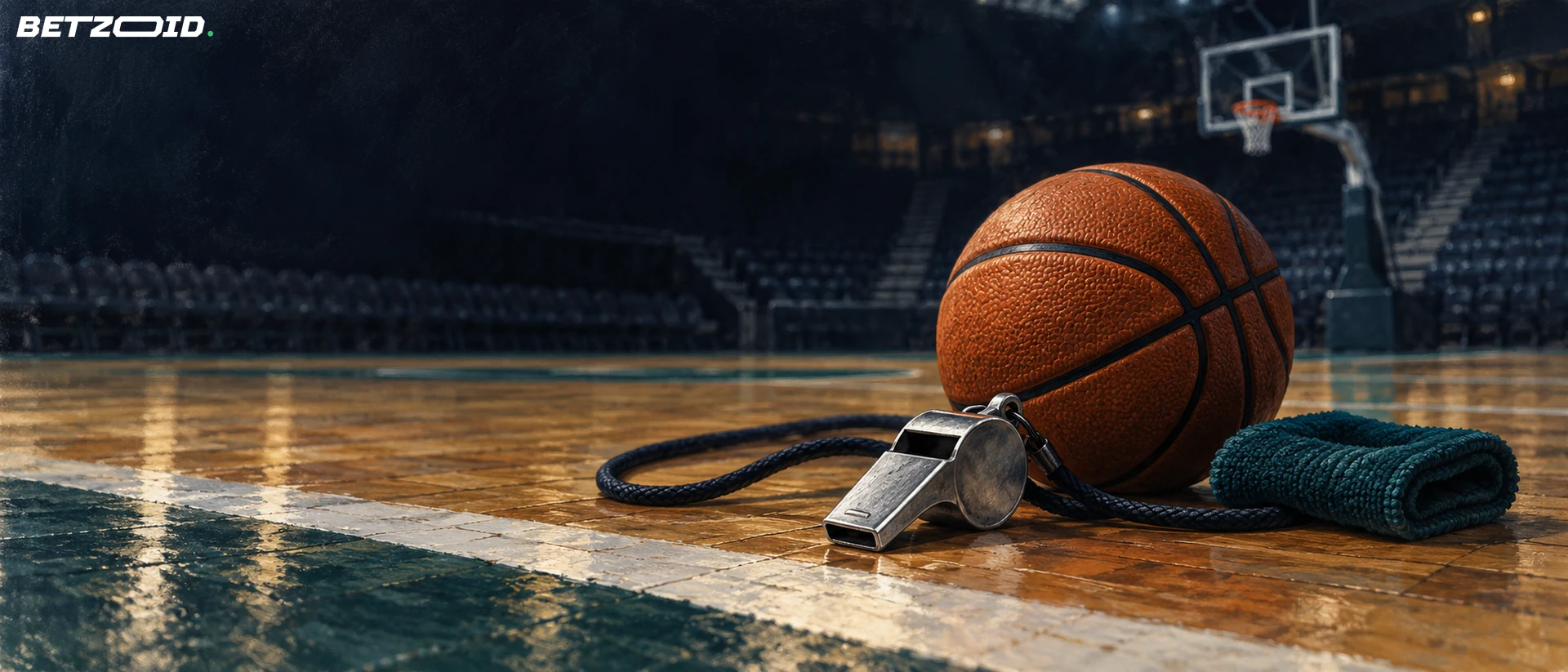 A referee whistle and basketball beside the court sideline.