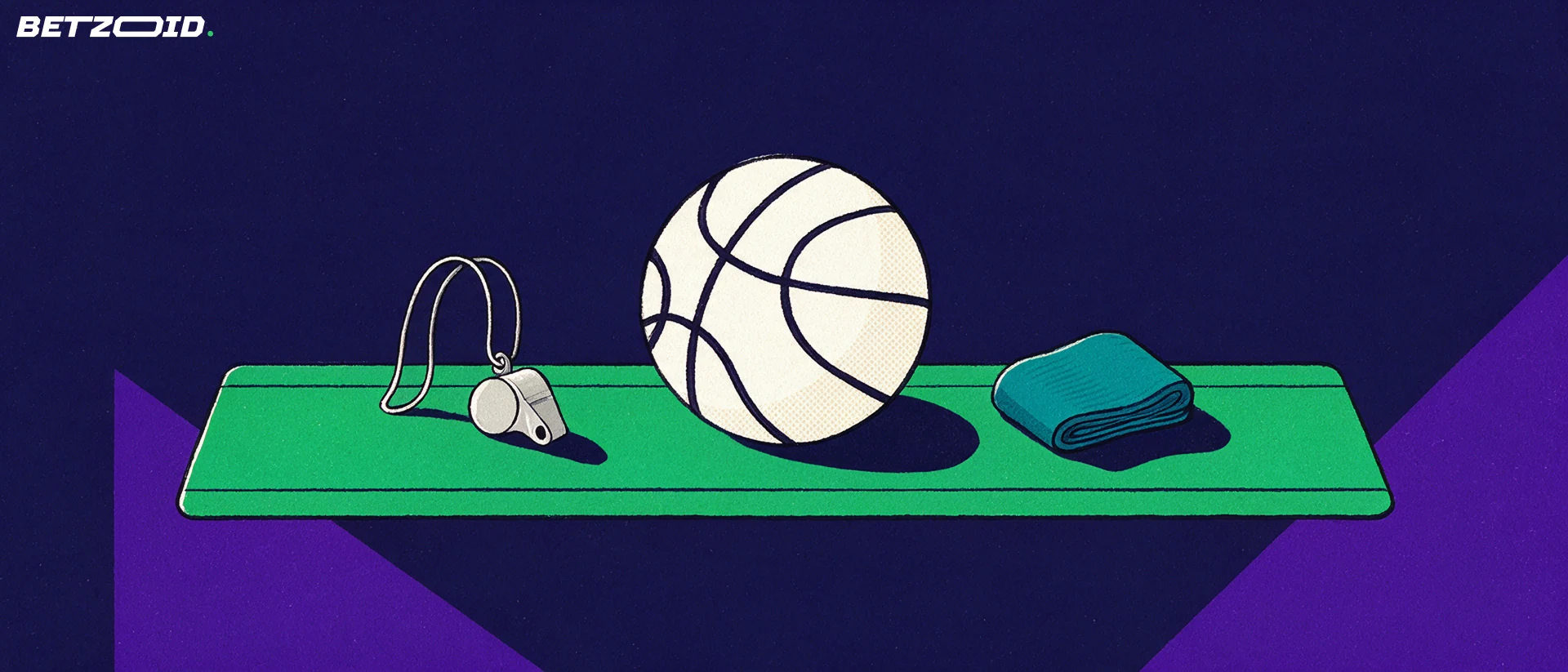 A referee whistle and basketball beside the court sideline.