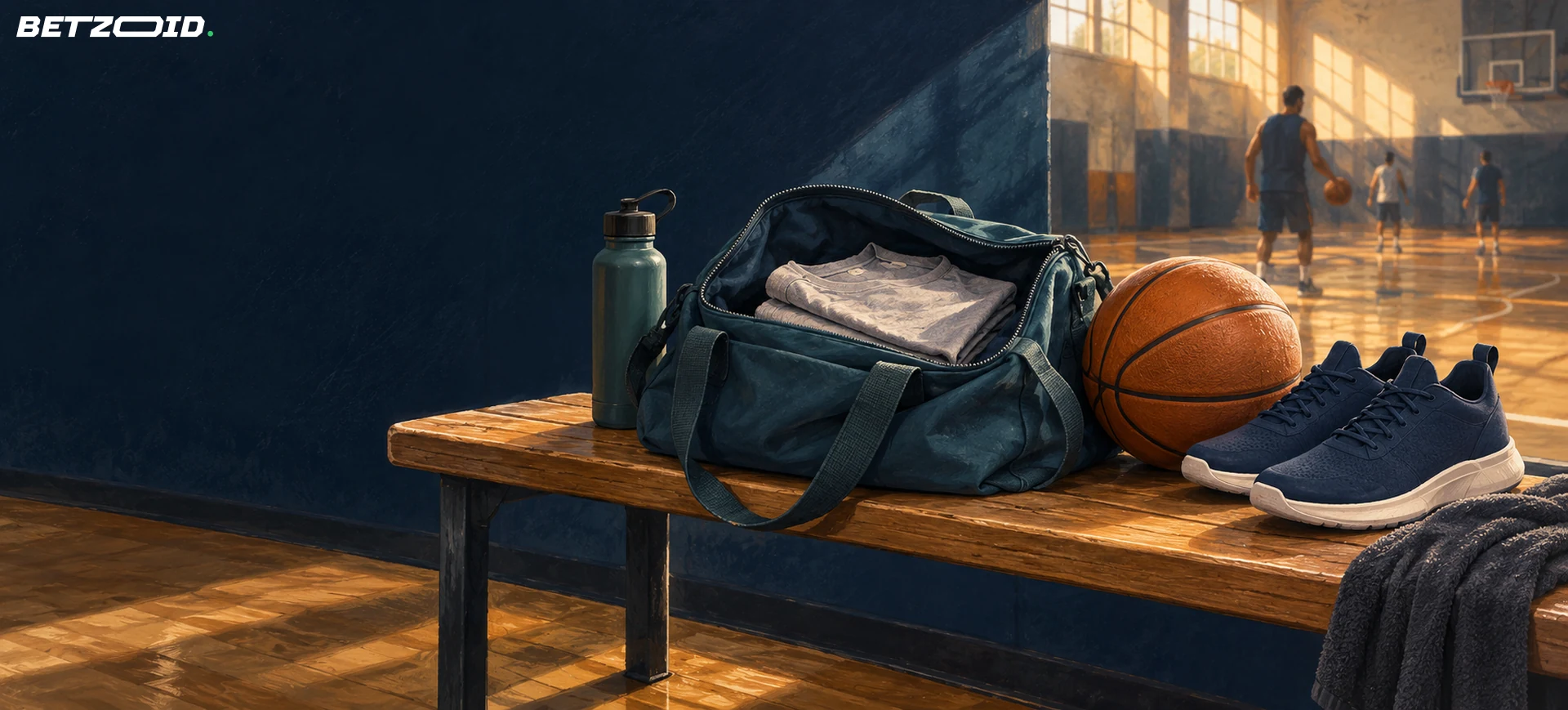Sporta soma ar treniņa kreklu, basketbola bumba un apavi uz sola.