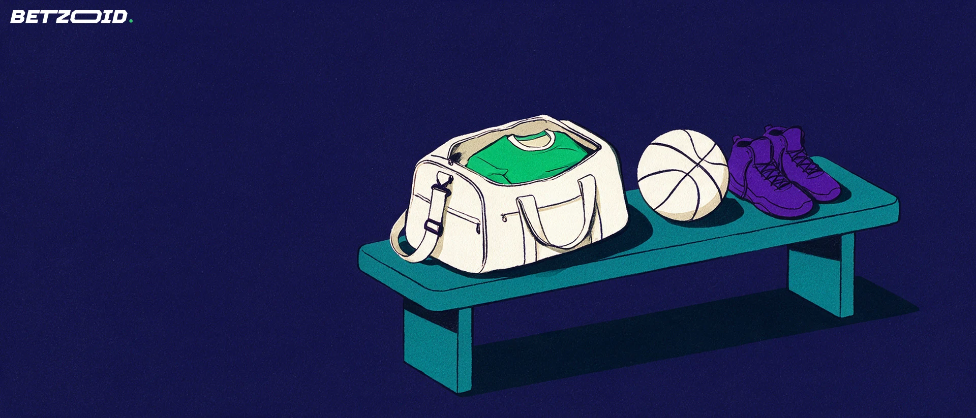 Sporta soma ar treniņa kreklu, basketbola bumba un apavi uz sola.