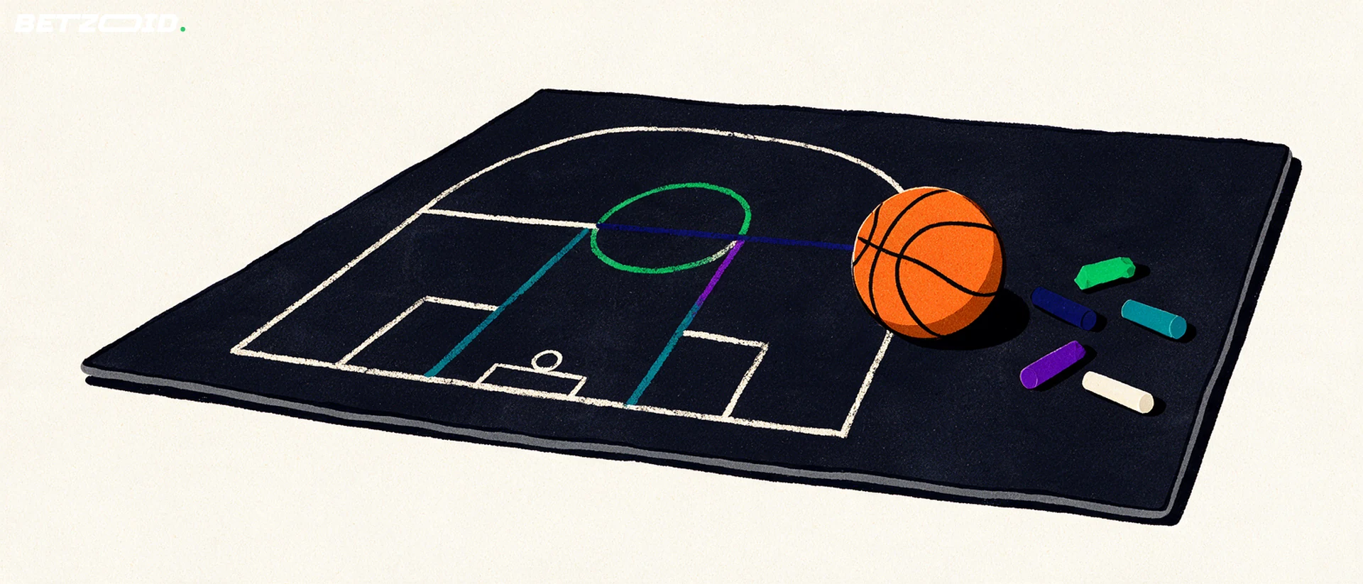 Balón y tizas junto a un esquema sencillo de una cancha de básquetbol.