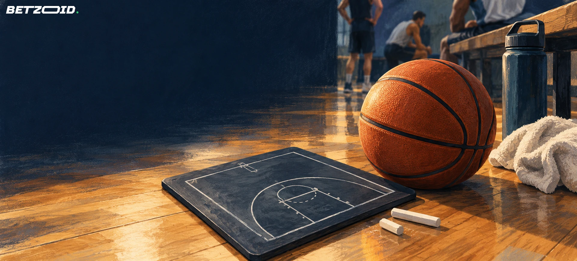 Balón y tizas junto a un esquema sencillo de una cancha de básquetbol.