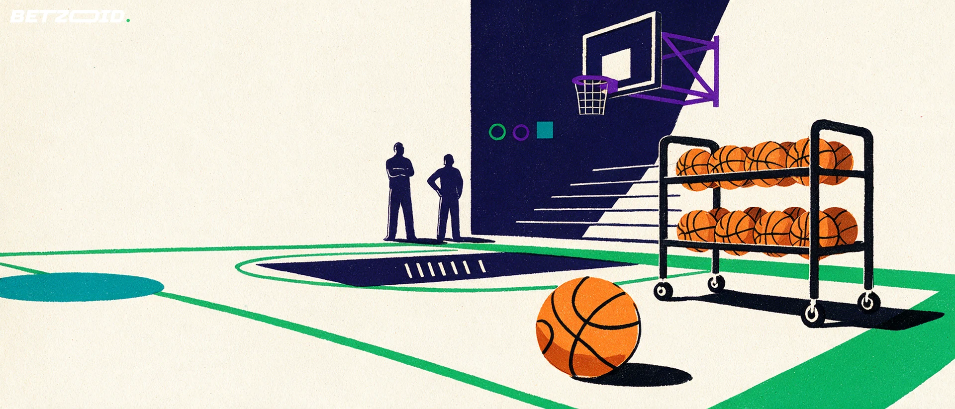 A rack of basketballs with a separate ball beside the baseline.