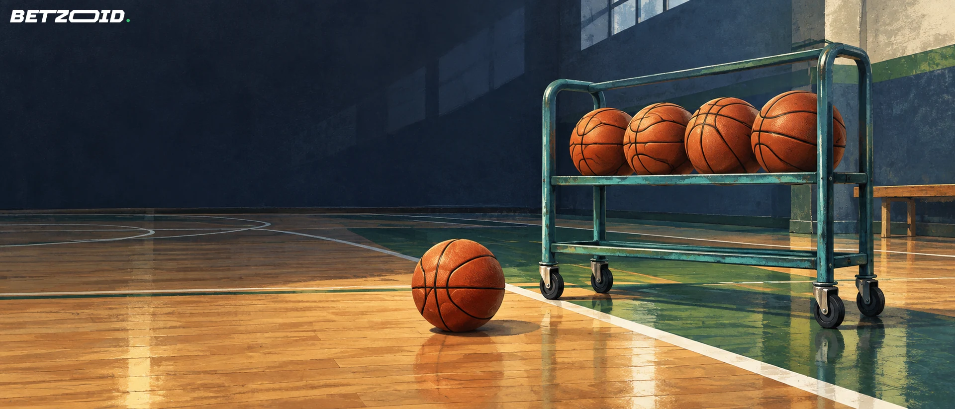 A rack of basketballs with a separate ball beside the baseline.