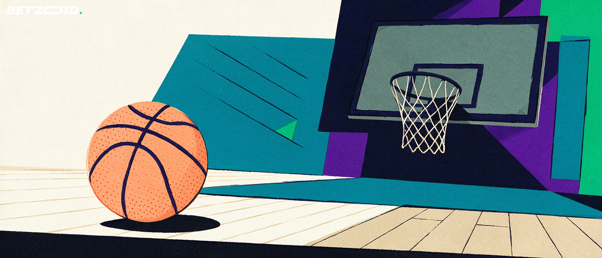 Detail van een basketbal met zichtbare structuur op een houten sportvloer.