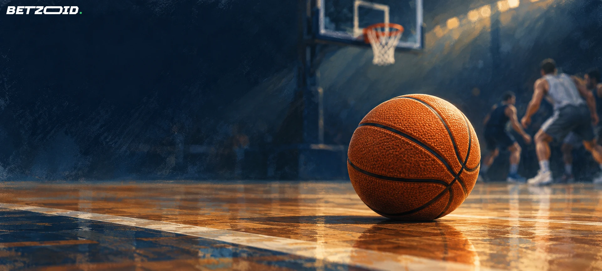 Detail van een basketbal met zichtbare structuur op een houten sportvloer.