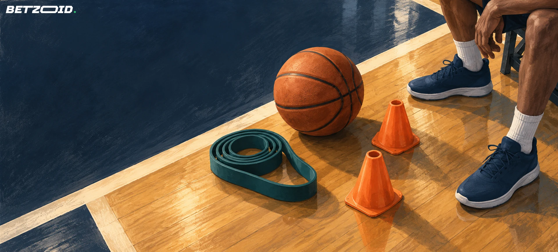 Basketball, treningsstrikk og kjegler ved kanten av banen.