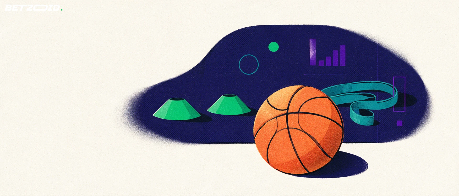 Basketball, treningsstrikk og kjegler ved kanten av banen.