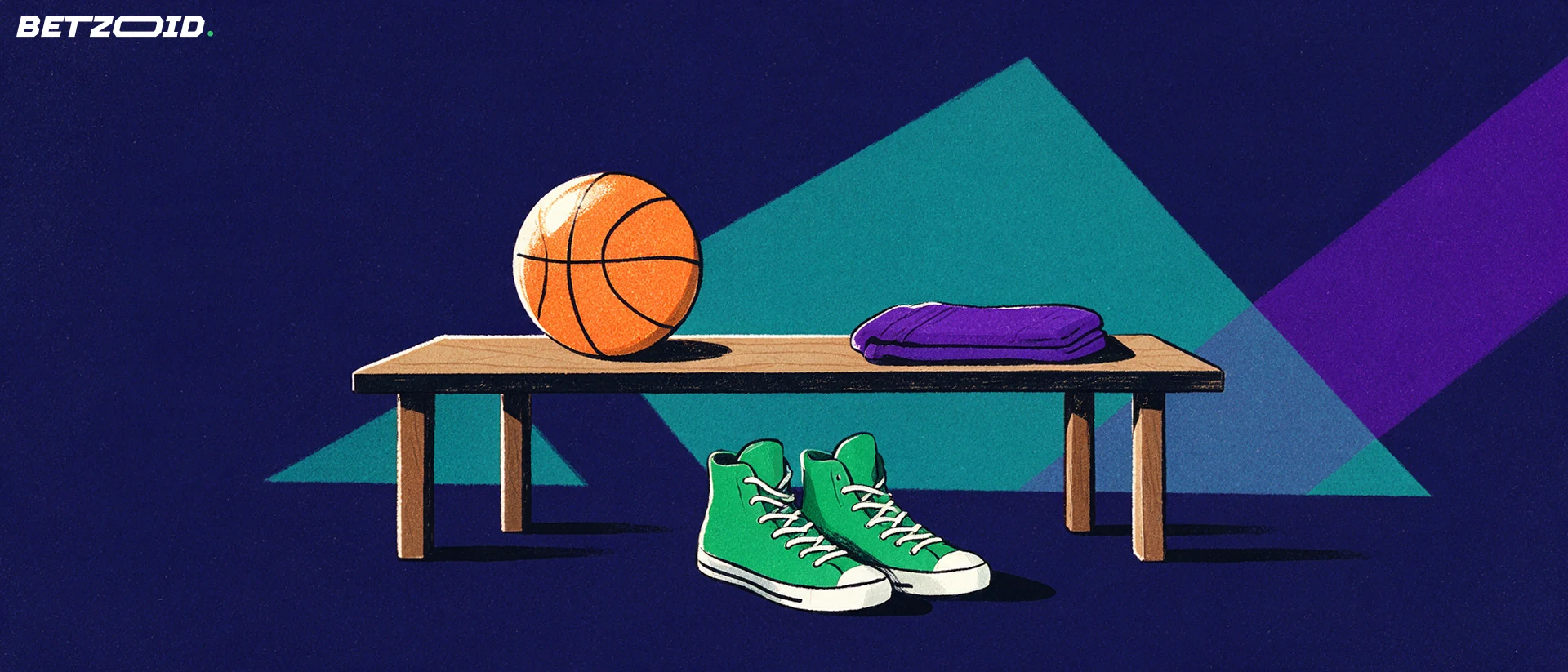 Basketball, folded towel, green basketball shoes and a wooden bench.