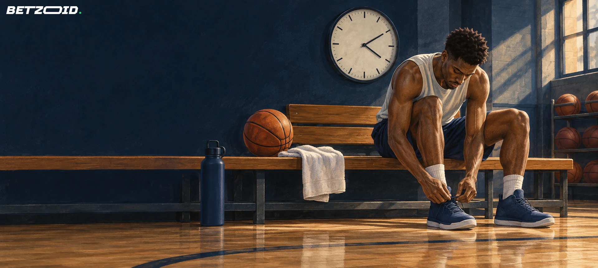 A basketball player preparing beside a bench, ball and plain wall clock.