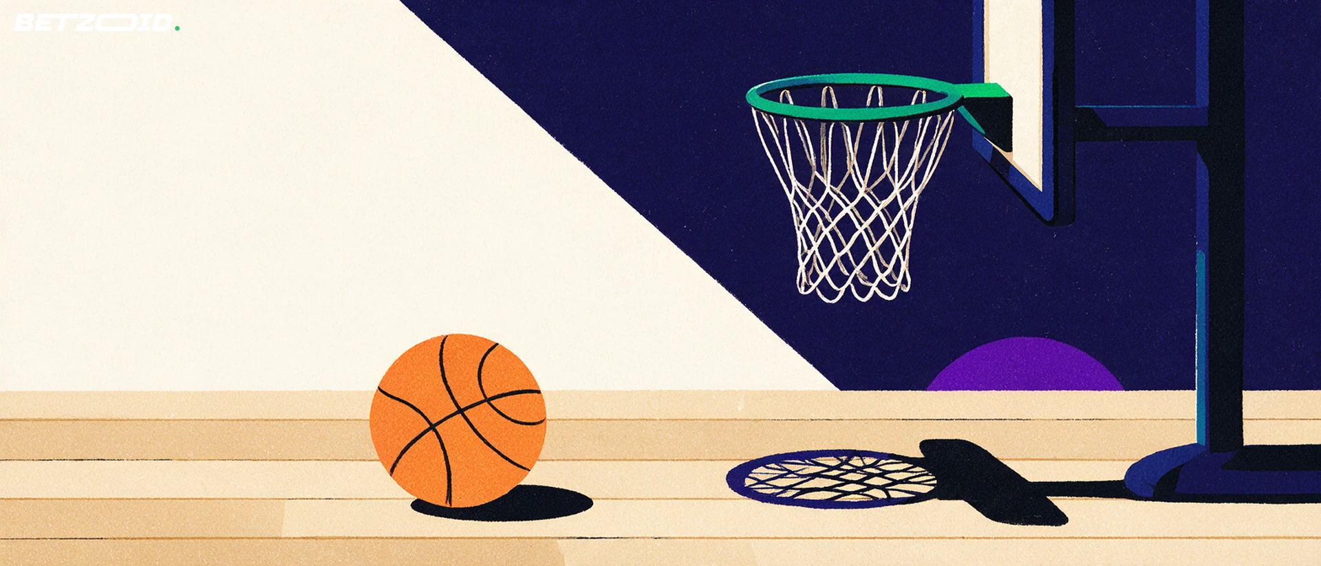 Bola de basquetebol no chão com a sombra da rede ao lado.