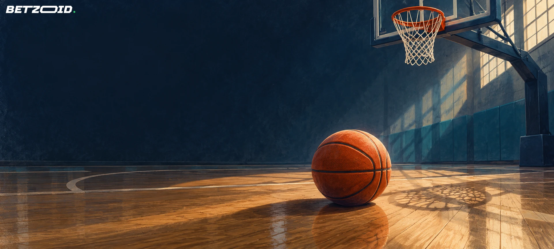 Bola de basquetebol no chão com a sombra da rede ao lado.