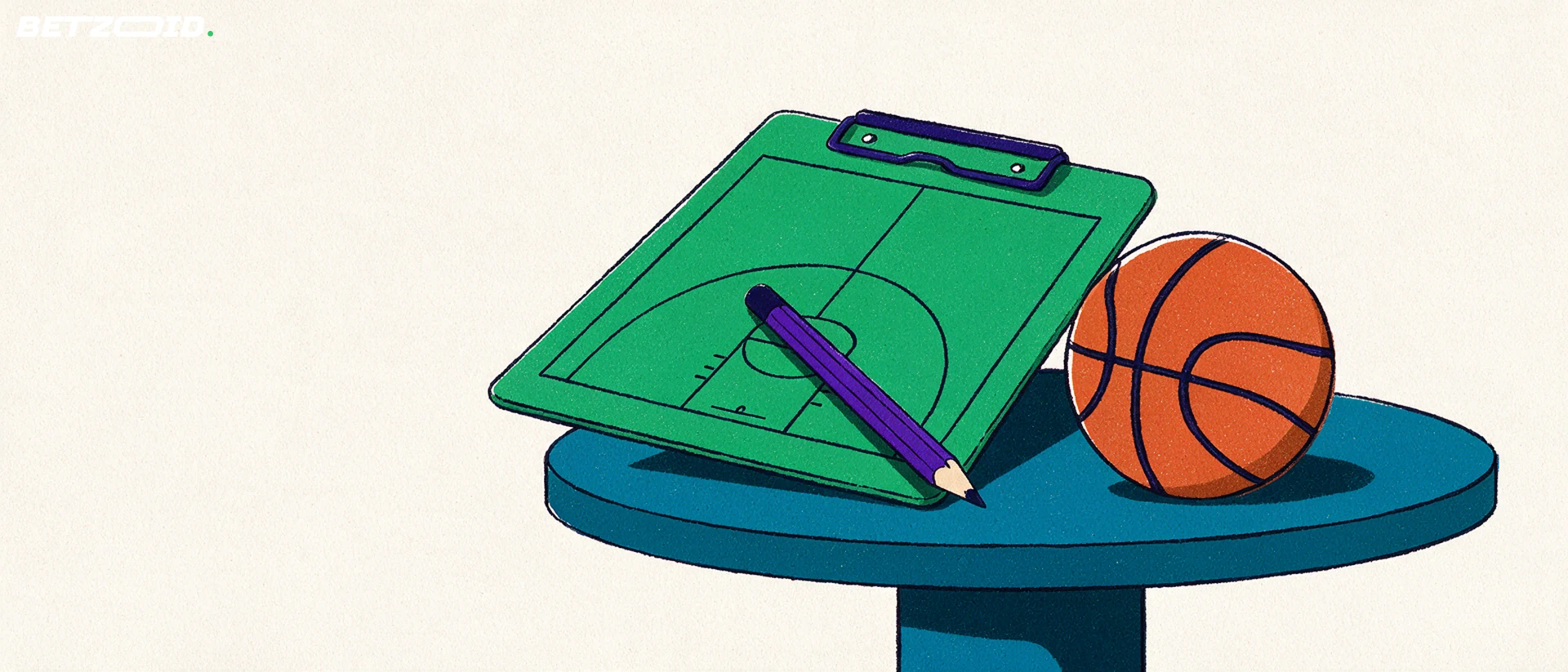Basketboll, penna och taktiktavla med en halv basketplan på ett litet bord.