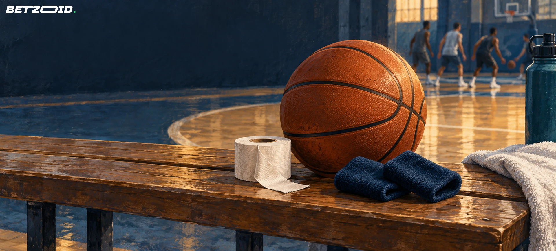 Basketboll, sporttejp och handledsband på en bänk vid planen.