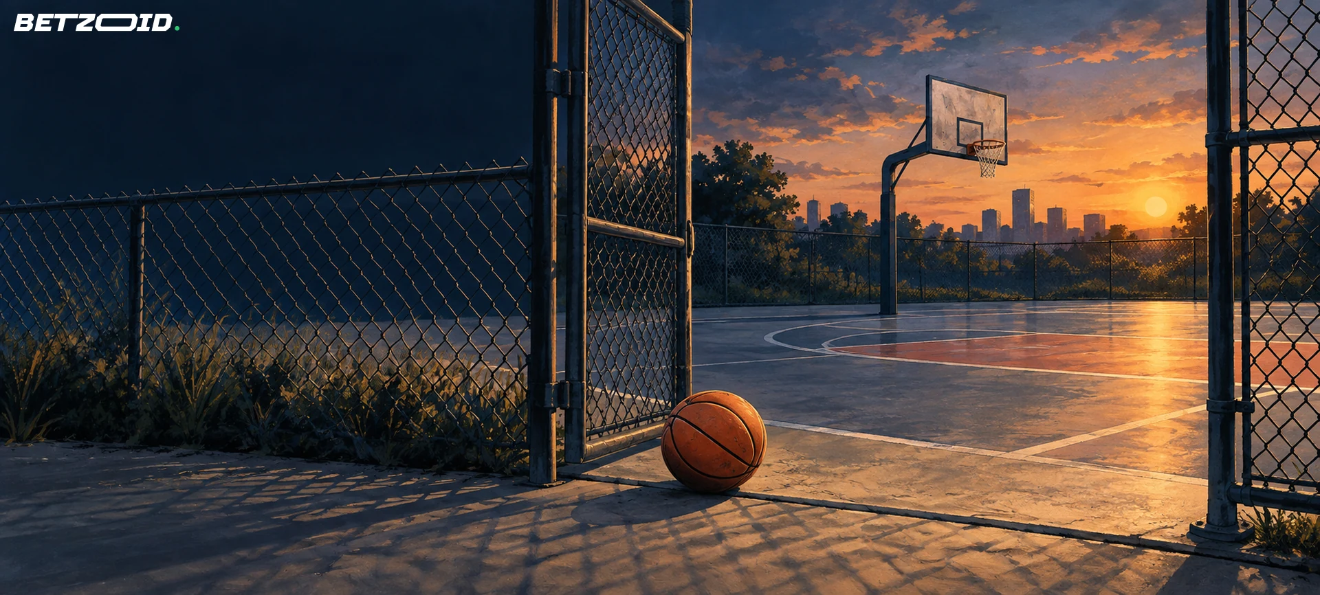 An open gate leading to a basketball court with a ball near the entrance.