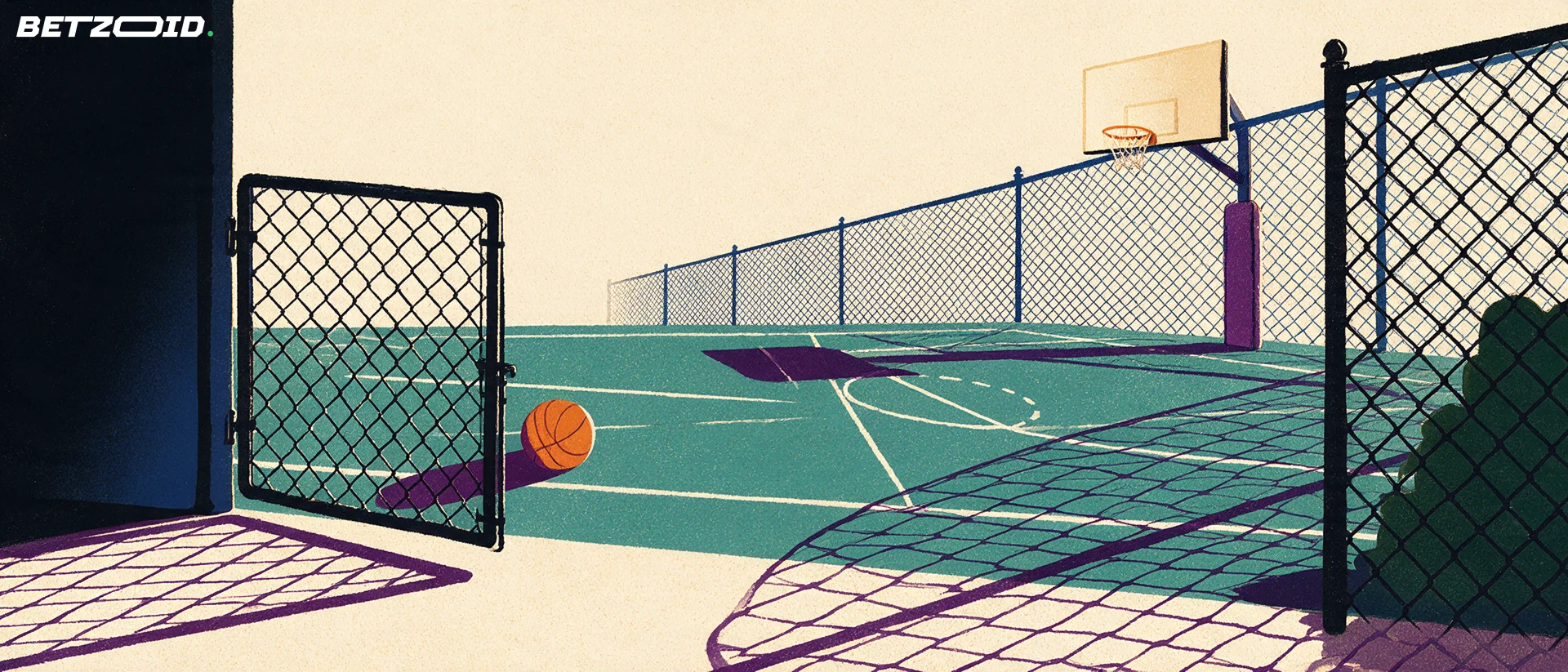 An open gate leading to a basketball court with a ball near the entrance.
