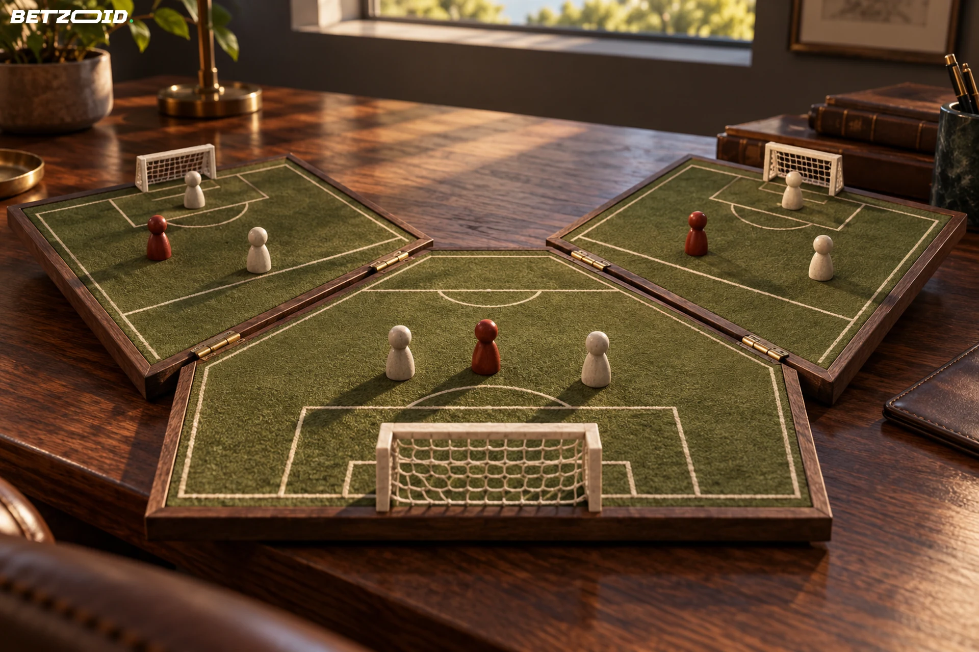 Un tablero plegable muestra tres disposiciones distintas de fichas y arcos en miniatura.