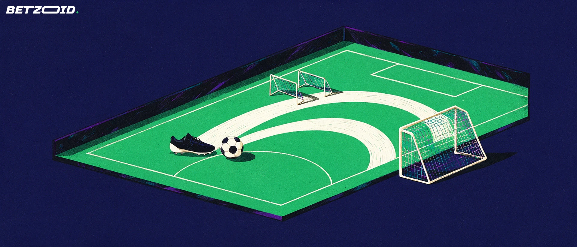 Illustration eines Fußballfelds mit Ball und taktischen Elementen.