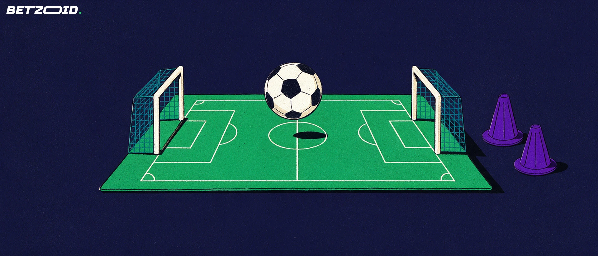 Illustration eines Fußballfelds mit Ball und taktischen Elementen.