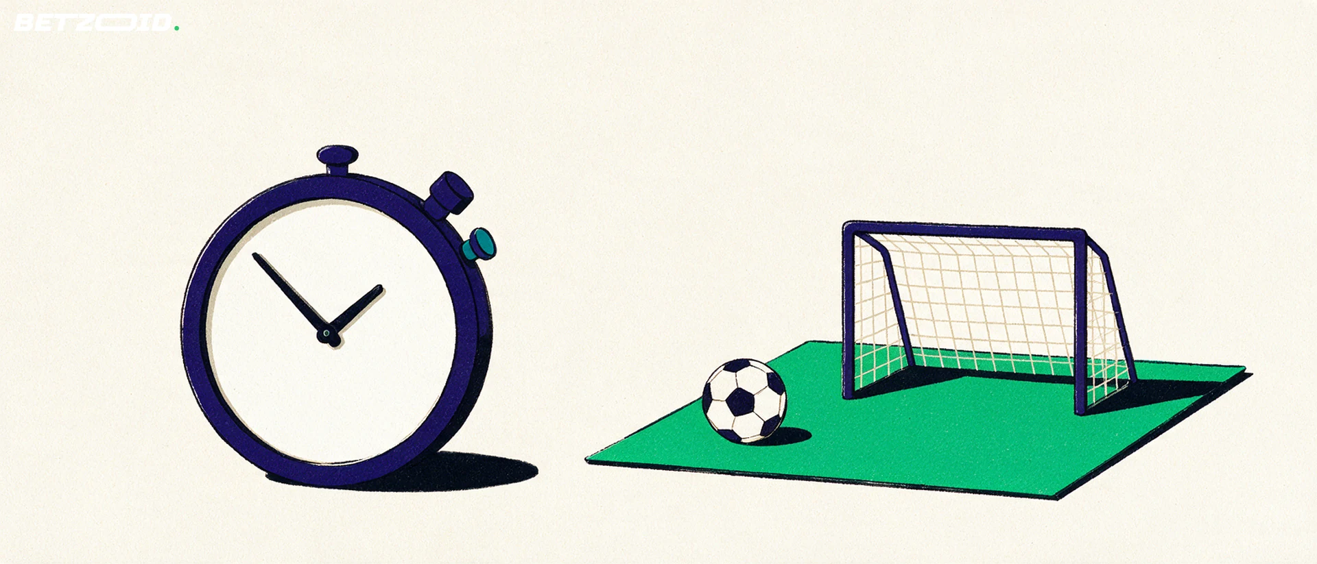 Illustration eines Fußballfelds mit Ball und taktischen Elementen.