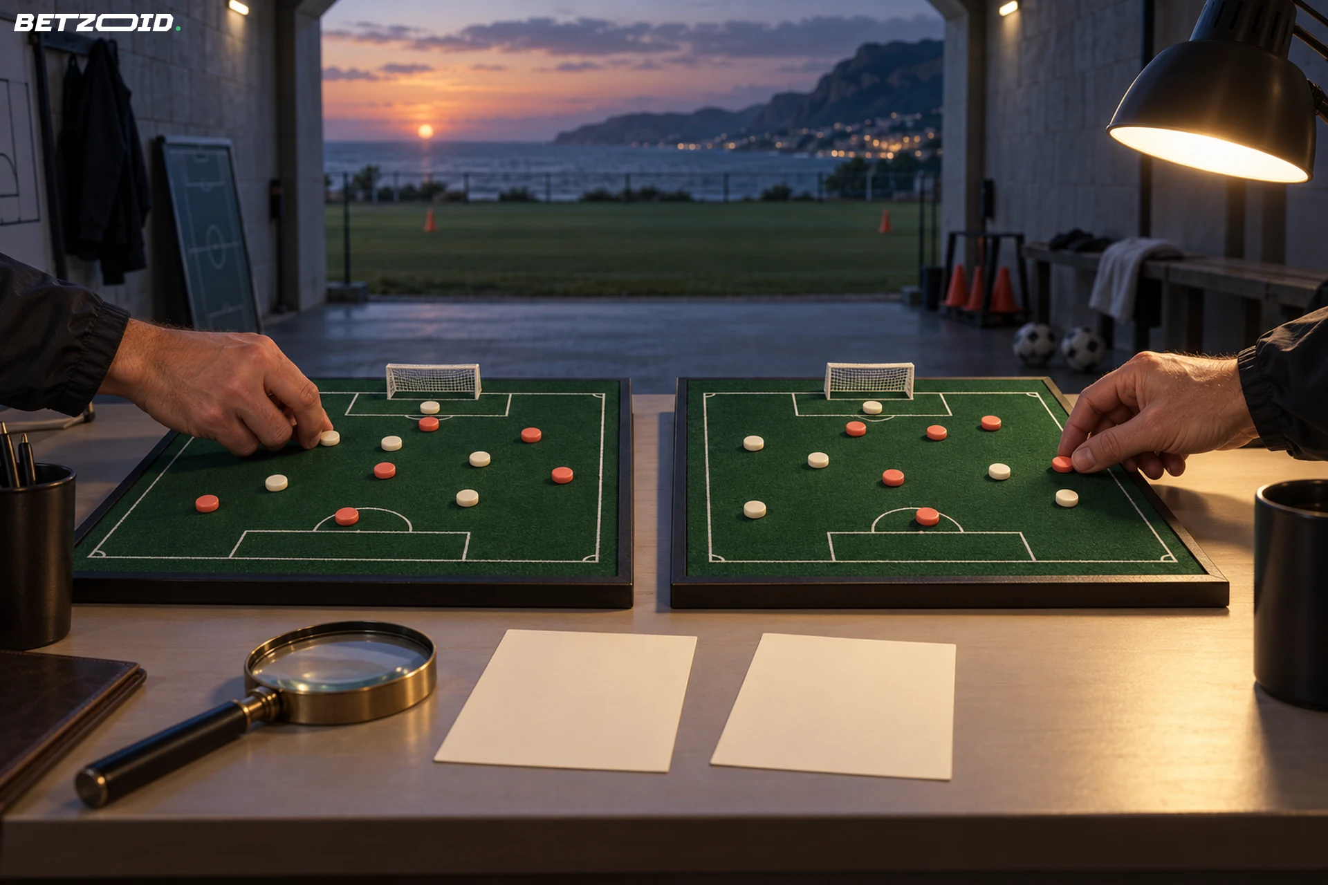 Hands compare two soccer layouts on separate boards beside blank cards and a magnifying glass.