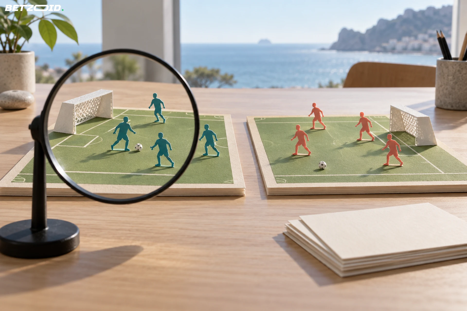 A magnifying glass highlights one of two paper soccer setups on a desk overlooking the coast.